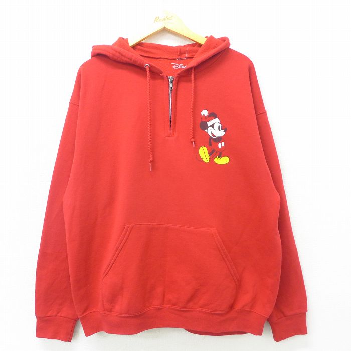 【中古】古着 長袖 ハーフジップスウェットパーカー メンズ ディズニー DISNEY ミッキー MICKEY MOUSE クリスマス 赤 レッド XLサイズ 中古 スエット トレーナー トップス | 春夏 春物 春服 秋冬 秋物 秋服 メンズファッション カジュアル おしゃれ ファッション