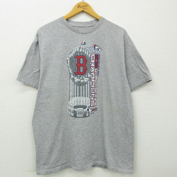 【中古】古着 マジェスティック 半袖Tシャツ メンズ MLB ボストンレッドソックス ワールドシリーズ クルーネック 丸首 グレー 霜降り メジャーリーグ ベースボール 野球 XLサイズ 中古 中古メンズ半袖プリントキャラクター 0OF