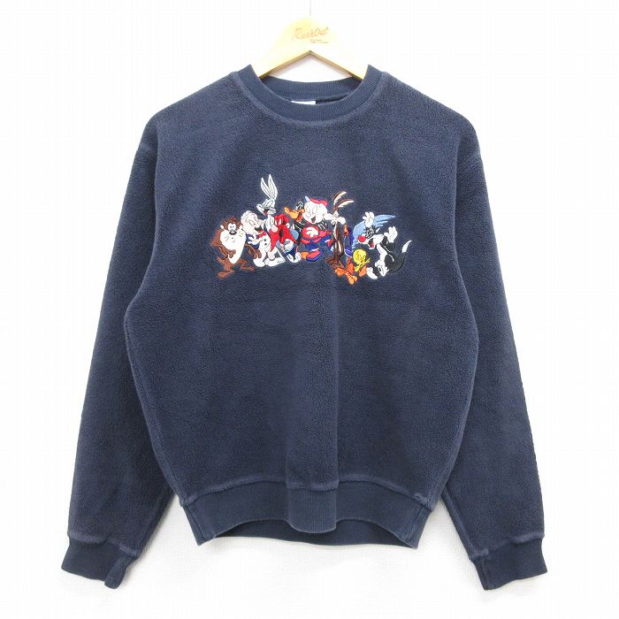 【中古】古着 長袖スウェット メンズ 90年代 90s ルーニーテューンズ LOONEY TUNES トゥイーティ バックスバニー シルベスター 刺繍 表起毛 クルーネック 丸首 紺 ネイビー 【spe】 Mサイズ 中古 スエット トレーナー トップス | 春夏 春物 春服 秋冬 秋物 秋服 メンズ