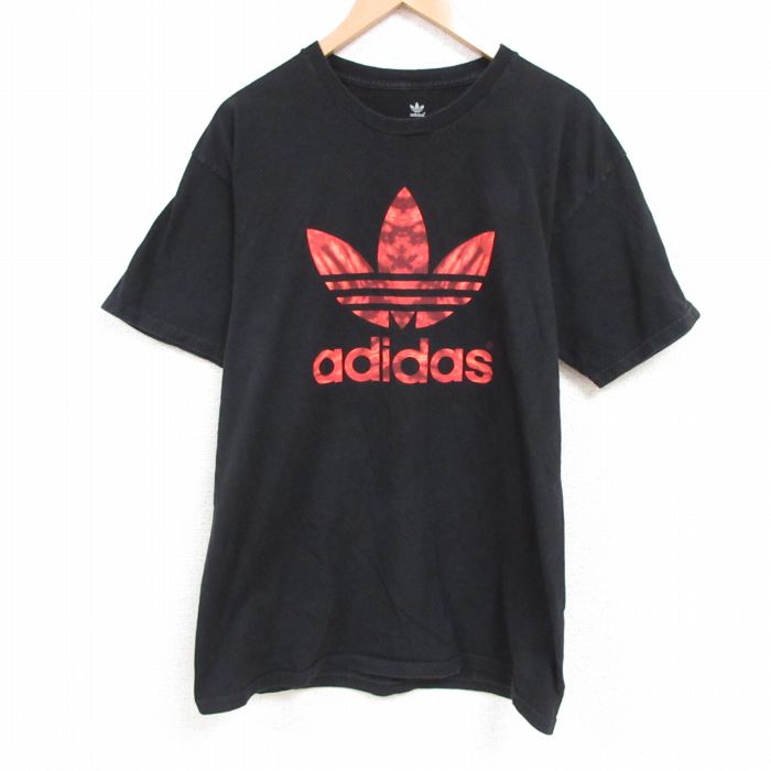 【中古】古着 アディダス adidas 半袖 ブランドTシャツ メンズ ビッグロゴ リーフ トレフォイル コットン クルーネック 丸首 黒 ブラック Lサイズ 中古 | 春夏 夏物 夏服 メンズファッション カットソー ティーシャツ ティシャツ メンズTシャツ 半袖Tシャツ 半袖ティー 0OF