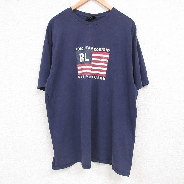 【中古】古着 ラルフローレン Ralph Lauren ポロジーンズ 半袖 ブランドTシャツ メンズ 90年代 90s 星条旗 大きいサイズ 2L LL ビッグシルエット ゆったり ビッグサイズ オーバーサイズ コットン クルーネック 丸首 USA製 アメリカ製 紺 ネイビー 【spe】 XLサイズ 中 0OF