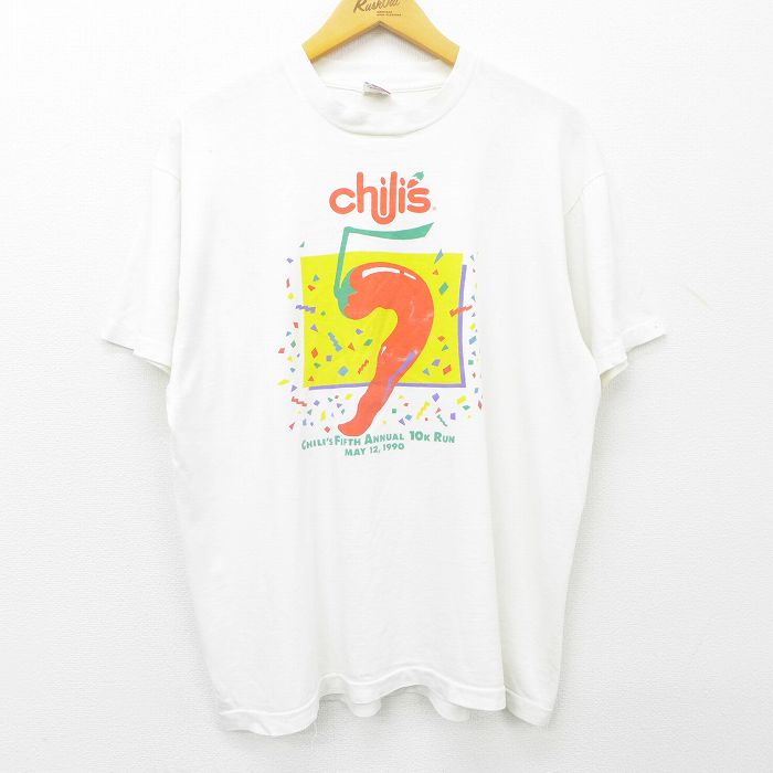 【中古】古着 半袖 ビンテージ ヴィンテージTシャツ メンズ 90年代 90s chilis トウガラシ コットン クルーネック 丸首 USA製 アメリカ製 白 ホワイト XLサイズ 中古 | 春夏 夏物 夏服 ヴィンテージTシャツ メンズファッション カットソー ティーシャツ ティシャツ メ