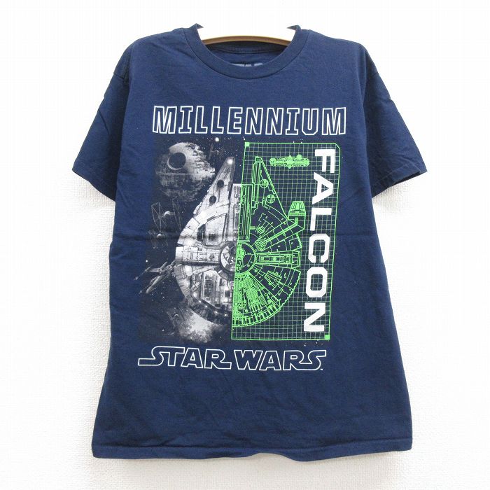 【中古】古着 半袖Tシャツ キッズ ボーイズ 子供服 スターウォーズ STAR WARS ミレニアムファルコン コットン クルーネック 丸首 紺 ネイビー | 春夏 春物 春服 秋冬 秋物 秋服 女の子 子ども服 こども服 カジュアル ファッション おしゃれ かわいい