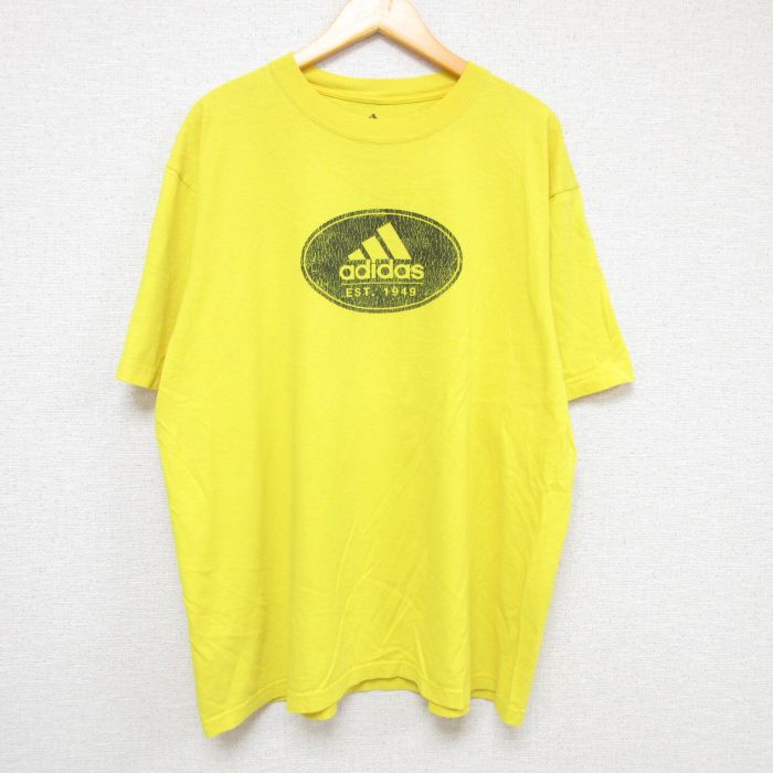 【中古】古着 アディダス adidas 半袖 ブランドTシャツ メンズ ビックロゴ 大きいサイズ 2L LL ビッグシルエット ゆったり ビッグサイズ オーバーサイズ コットン クルーネック 丸首 黄 イエロー XLサイズ 中古 | 春夏 夏物 夏服 メンズファッション カットソー ティー