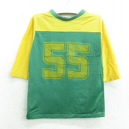 【中古】古着 7分袖 ビンテージ ヴィンテージ フットボールTシャツ キッズ ボーイズ 子供服 80年代 80s 55 メッシュ地 クルーネック 丸首 ツートンカラー バイカラー 緑他 グリーン | 春夏 春物 春服 秋冬 秋物 秋服 女の子 子ども服 こども服 カジュアル ファッション