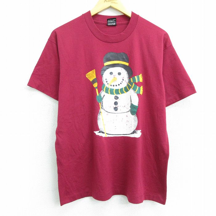 【中古】古着 半袖 ビンテージ ヴィンテージTシャツ メンズ 90年代 90s 雪だるま クルーネック 丸首 USA製 アメリカ製 エンジ Lサイズ 中古 | 春夏 夏物 夏服 ヴィンテージTシャツ メンズファッション カットソー ティーシャツ ティシャツ メンズTシャツ 半袖Tシャツ 0OF