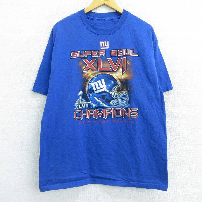 【中古】古着 半袖Tシャツ メンズ NFL ニューヨークジャイアンツ クルーネック 丸首 青 ブルー アメフト スーパーボウル XLサイズ 中古 中古メンズ半袖プリントキャラクター 0OF