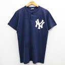 【中古】古着 マジェスティック 半袖 ビンテージ ヴィンテージTシャツ メンズ 90年代 90s MLB ニューヨークヤンキース 11 ヘンリーネック 紺 ネイビー メジャーリーグ ベースボール 野球 Mサイズ 中古 | 春夏 夏物 夏服 ヴィンテージTシャツ メンズファッション カット