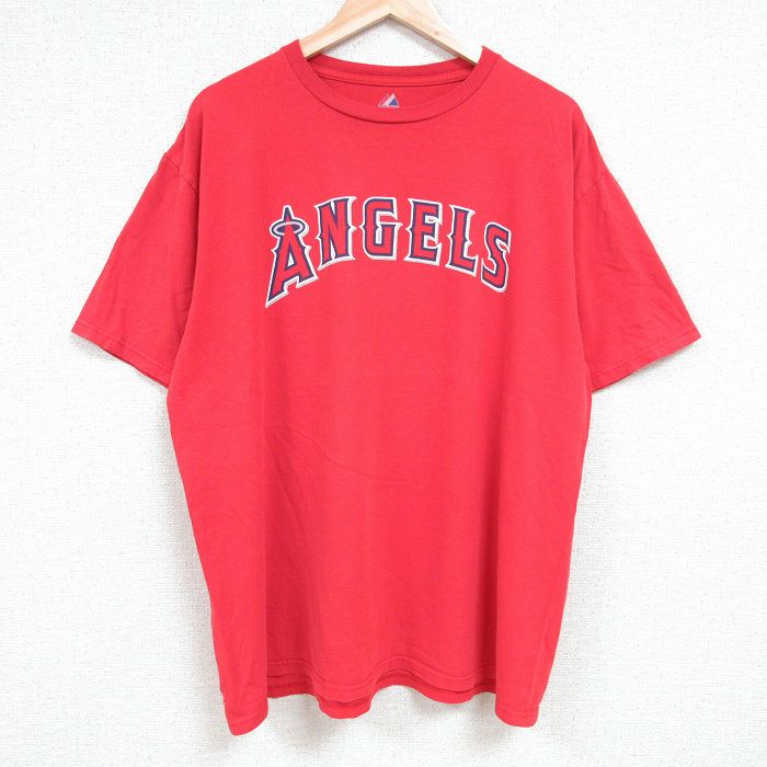 【中古】古着 マジェスティック 半袖Tシャツ メンズ MLB ロサンゼルスエンゼルス 大きいサイズ 2L LL ビッグシルエット ゆったり ビッグサイズ オーバーサイズ コットン クルーネック 丸首 赤 レッド メジャーリーグ ベースボール 野球 XLサイズ 中古 中古メンズ半袖プ