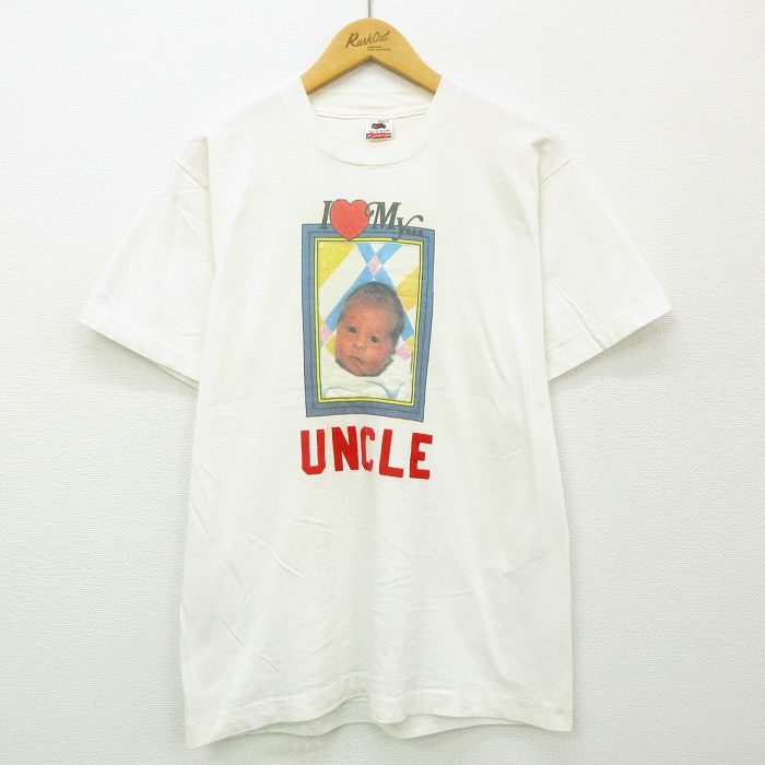 【中古】古着 半袖 ビンテージ ヴィンテージTシャツ メンズ 80年代 80s UNCLE フロッキープリント 赤ちゃん レッド コットン クルーネック 丸首 USA製 アメリカ製 白 ホワイト Lサイズ 中古 | 春夏 夏物 夏服 ヴィンテージTシャツ メンズファッション カットソー ティ 0OF