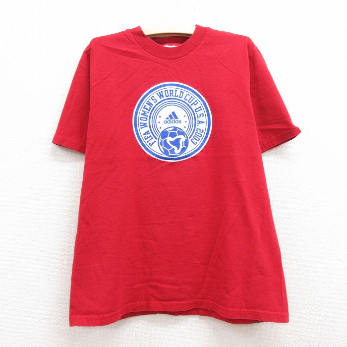 【中古】古着 アディダス adidas 半袖 ビンテージ ヴィンテージTシャツ キッズ ボーイズ 子供服 00年代 00s FIFAワールドカップ サッカー コットン クルーネック 丸首 赤 レッド | 春夏 春物 春服 秋冬 秋物 秋服 女の子 子ども服 こども服 カジュアル ファッション お