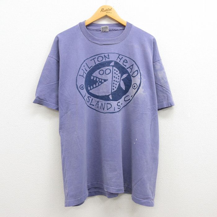 【中古】古着 半袖 ビンテージ ヴィンテージTシャツ メンズ 90年代 90s 魚 ヒルトン 大きいサイズ 2L LL ビッグシルエット ゆったり ビッグサイズ オーバーサイズ コットン クルーネック 丸首 USA製 アメリカ製 薄紫 パープル XLサイズ 中古 | 春夏 夏物 夏服 ヴィンテ