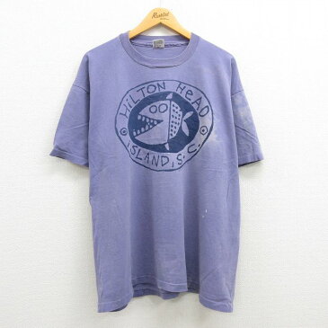 【中古】古着 半袖 ビンテージ ヴィンテージTシャツ メンズ 90年代 90s 魚 ヒルトン 大きいサイズ 2L LL ビッグシルエット ゆったり ビッグサイズ オーバーサイズ コットン クルーネック 丸首 USA製 アメリカ製 薄紫 パープル XLサイズ 中古 | 春夏 夏物 夏服 ヴィンテ