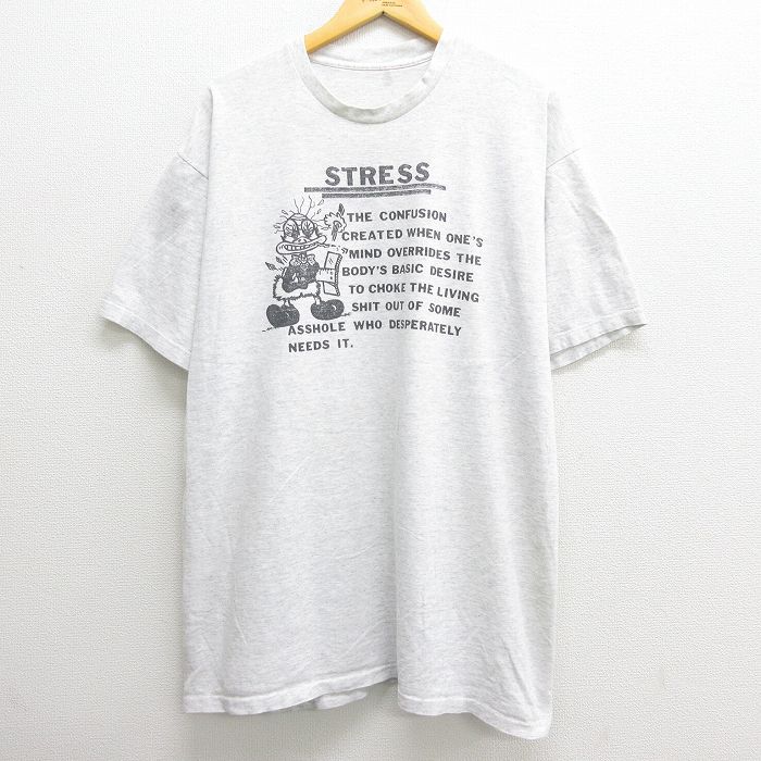 【中古】古着 半袖 ビンテージ ヴィンテージTシャツ メンズ 90年代 90s メッセージ 大きいサイズ 2L LL ビッグシルエット ゆったり ビッグサイズ オーバーサイズ ロング丈 クルーネック 丸首 薄グレー 霜降り XLサイズ 中古 | 春夏 夏物 夏服 ヴィンテージTシャツ メン 0OF