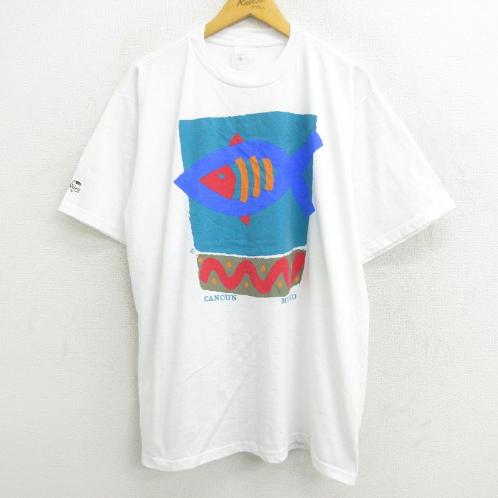 【中古】古着 半袖 ビンテージ ヴィンテージTシャツ メンズ 90年代 90s 魚 大きいサイズ 2L LL ビッグシルエット ゆったり ビッグサイズ オーバーサイズ 白 ホワイト XLサイズ 中古 | 春夏 夏物 夏服 ヴィンテージTシャツ メンズファッション カットソー ティーシャツ