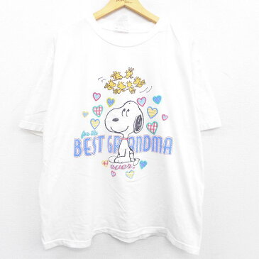 【中古】古着 半袖 ビンテージ ヴィンテージTシャツ レディース 90年代 90s ピーナッツ スヌーピー SNOOPY ウッドストック ハート 大きいサイズ 2L LL ビッグシルエット ゆったり ビッグサイズ オーバーサイズ コットン クルーネック 丸首 白 ホワイト 中古 | 春夏 春