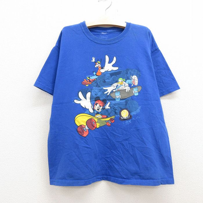 【中古】古着 半袖Tシャツ キッズ ボーイズ 子供服 ディズニー DISNEY ミッキー MICKEY MOUSE ドナルド グーフィー スケボー コットン クルーネック 丸首 青 ブルー | 春夏 春物 春服 秋冬 秋物 秋服 女の子 子ども服 こども服 カジュアル ファッション おしゃれ かわ