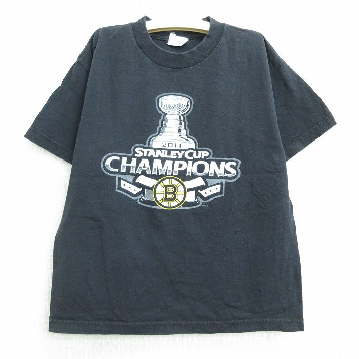 【中古】古着 リーボック REEBOK 半袖Tシャツ キッズ ボーイズ 子供服 NHL ボストンブルーインズ 11 コットン クルーネック 丸首 黒 ブ..