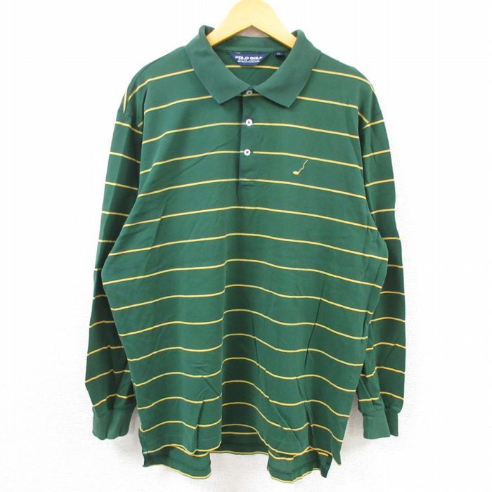 【中古】古着 ラルフローレン Ralph Lauren ポロゴルフ 長袖 ブランド ポロシャツ メンズ 鹿の子 大きいサイズ 2L LL ビッグシルエット ゆったり ビッグサイズ オーバーサイズ コットン 緑他 グリーン ボーダー XLサイズ 中古 トップス | 春夏 春物 春服 秋冬 秋物 秋