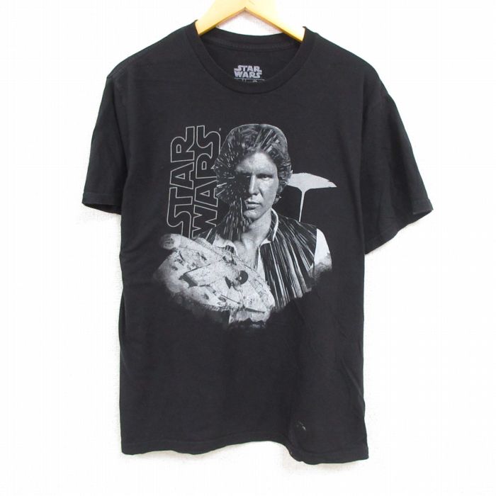 【中古】古着 半袖Tシャツ メンズ スターウォーズ STAR WARS ハンソロ ミレニアムファルコン コットン クルーネック 丸首 黒 ブラック Mサイズ 中古 中古メンズ半袖プリントキャラクター