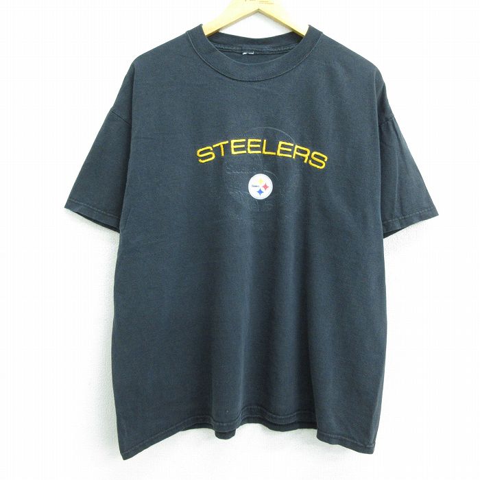 【中古】古着 半袖 ビンテージ ヴィンテージTシャツ メンズ 00年代 00s NFL ピッツバーグスティーラーズ 刺繍 大きいサイズ 2L LL ビッグシルエット ゆったり ビッグサイズ オーバーサイズ クルーネック 丸首 黒 ブラック アメフト スーパーボウル XLサイズ 中古 40120