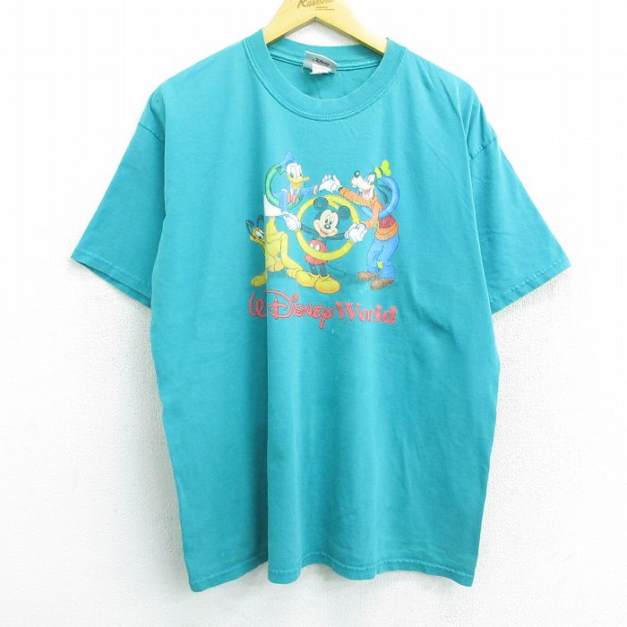 【中古】古着 半袖 ビンテージ ヴィンテージTシャツ メンズ 00年代 00s ディズニー DISNEY ミッキー MICKEY MOUSE グーフィー ドナルド コットン クルーネック 丸首 青緑 XLサイズ 中古 551180