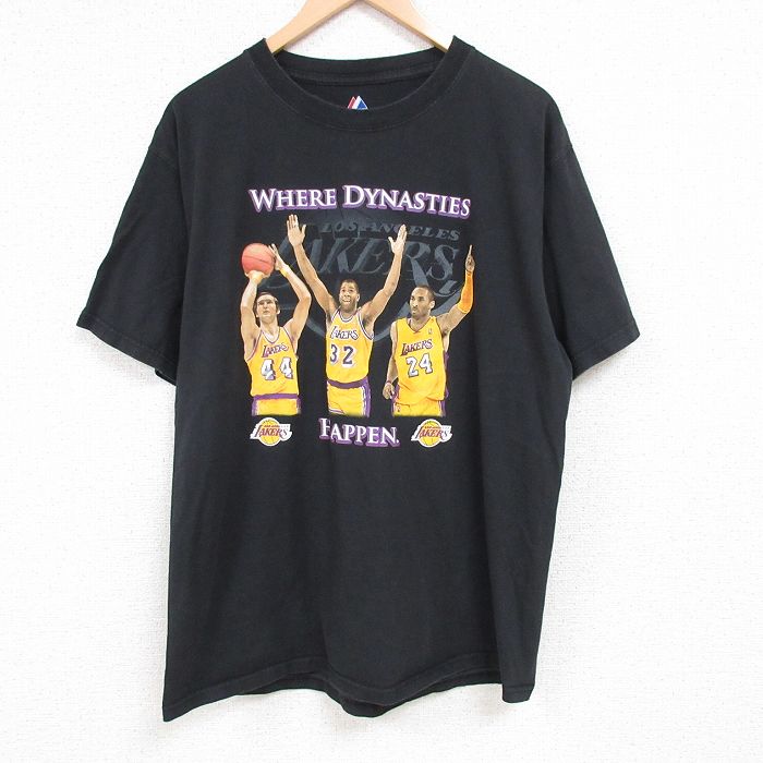 【中古】古着 マジェスティック 半袖Tシャツ メンズ NBA ロサンゼルスレイカーズ コービーブライアント マジックジョンソン 32 コットン クルーネック 丸首 黒 ブラック バスケットボール Lサイズ 中古 中古メンズ半袖プリントキャラクター