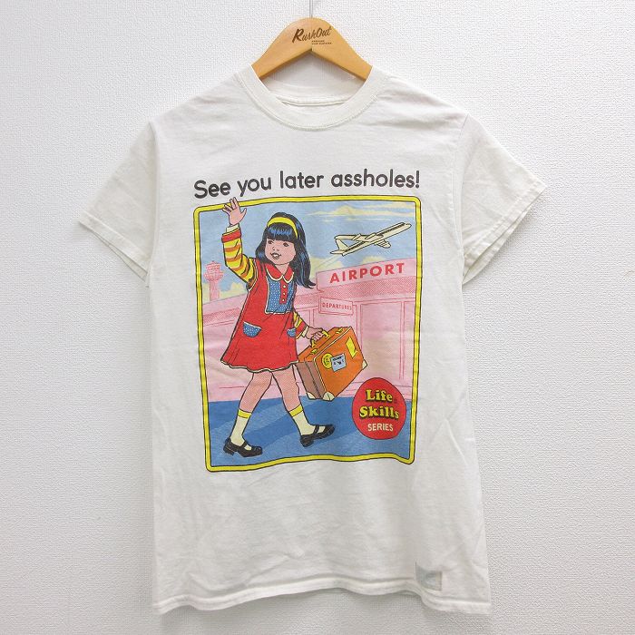 【中古】古着 半袖Tシャツ メンズ 女の子 空港 Seeyou コットン クルーネック 丸首 生成り Sサイズ 小さいサイズ 中古 中古メンズ半袖プリントキャラクター