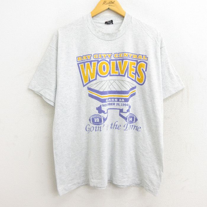 【中古】古着 半袖 ビンテージ ヴィンテージTシャツ メンズ 90年代 90s フットボール BAY CITY CENTRAL WOLVES クルーネック 丸首 USA製 アメリカ製 薄グレー 霜降り XLサイズ 中古 | 春夏 夏物 夏服 ヴィンテージTシャツ メンズファッション カットソー ティーシャツ 7OF