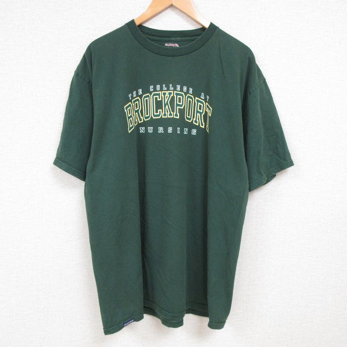 【中古】古着 ジャンスポーツ 半袖Tシャツ メンズ ブロックポート カレッジ NURSING クルーネック 丸首 濃緑 グリーン XLサイズ 中古 中古メンズ半袖プリントキャラクター