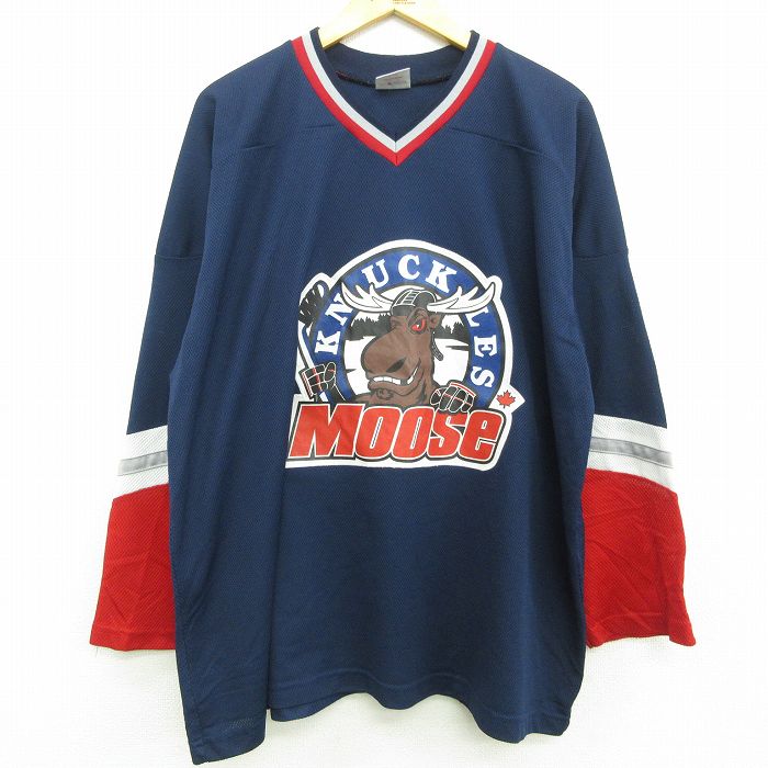 【中古】古着 長袖 ビンテージ ヴィンテージTシャツ アイスホッケー ジャージ メンズ 00年代 00s MOOSE シカ 大きいサイズ 2L LL ビッグシルエット ゆったり ビッグサイズ オーバーサイズ ラグラン Vネック カナダ製 紺他 ネイビー XLサイズ 中古 | 春夏 春物 春服 秋