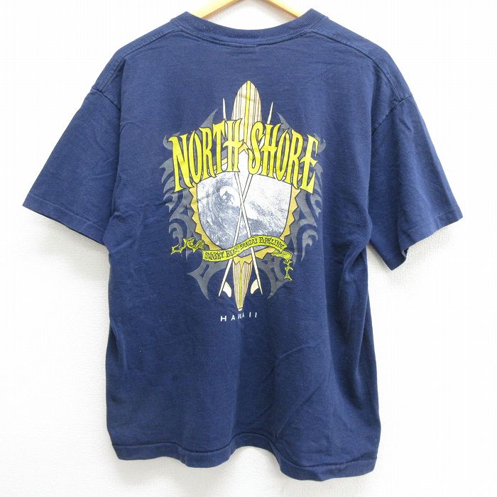 【中古】古着 半袖 ビンテージ ヴィンテージ サーフTシャツ メンズ 90年代 90s ノースショアー サーフィン コットン クルーネック 丸首 USA製 アメリカ製 紺 ネイビー XLサイズ 中古 | 春夏 夏物 夏服 メンズファッション カットソー ティーシャツ ティシャツ メンズT