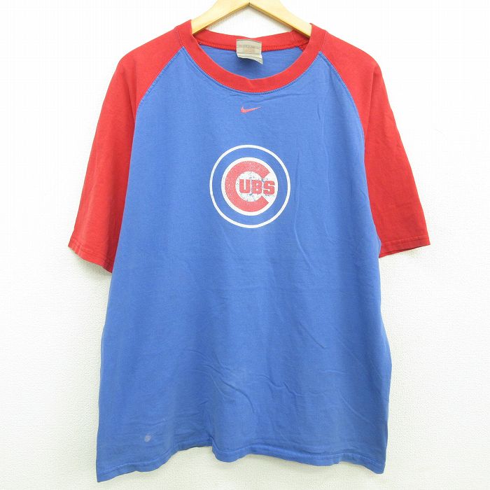 【中古】古着 ナイキ NIKE 半袖 ビンテージ ヴィンテージTシャツ メンズ 00年代 00s MLB シカゴカブス 大きいサイズ 2L LL ビッグシルエット ゆったり ビッグサイズ オーバーサイズ ラグラン コットン クルーネック 丸首 ツートンカラー バイカラー 青他 ブルー メジャ