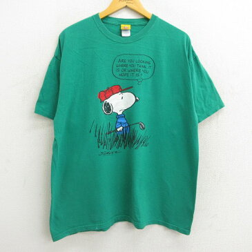 【中古】古着 半袖 ビンテージ ヴィンテージTシャツ メンズ 00年代 00s ピーナッツ スヌーピー SNOOPY コットン クルーネック 丸首 緑 グリーン XLサイズ 中古 551180