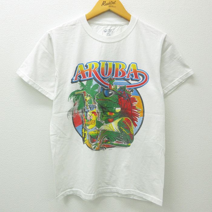 【中古】古着 半袖Tシャツ メンズ カメレオン カエル コットン クルーネック 丸首 白 ホワイト Mサイズ 中古 中古メンズ半袖プリントキャラクター