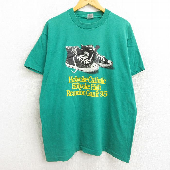 【中古】古着 半袖 ビンテージ ヴィンテージTシャツ メンズ 90年代 90s コンバース スニーカー 27 コットン クルーネック 丸首 USA製 アメリカ製 緑 グリーン 【spe】 XLサイズ 中古 | 春夏 夏物 夏服 ヴィンテージTシャツ メンズファッション カットソー ティーシャツ