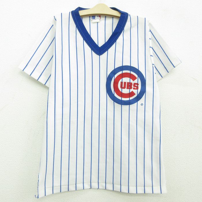 【中古】古着 半袖 ビンテージ ヴィンテージTシャツ キッズ ボーイズ 子供服 90年代 90s MLB シカゴカブス Vネック USA製 アメリカ製 白他 ホワイト ストライプ メジャーリーグ ベースボール 野球 【spe】 | 春夏 春物 春服 秋冬 秋物 秋服 女の子 子ども服 こども服 0OF