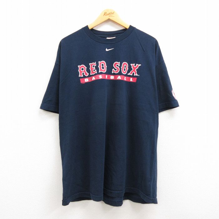 【中古】古着 ナイキ NIKE 半袖 ビンテージ ヴィンテージTシャツ メンズ 00年代 00s MLB ボストンレッドソックス 大きいサイズ 2L LL ビッグシルエット ゆったり ビッグサイズ オーバーサイズ コットン クルーネック 丸首 紺 ネイビー メジャーリーグ ベースボール 野