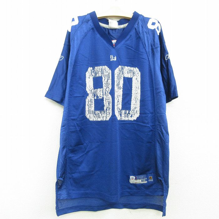 【中古】古着 リーボック REEBOK 半袖 フットボールTシャツ キッズ ボーイズ 子供服 NFL ニューヨークジャイアンツ ジェレミーショッキー ラングラン Vネック 青 ブルー アメフト スーパーボウル ユニフォーム ゲームシャツ | 春夏 春物 春服 秋冬 秋物 秋服 女の子 子