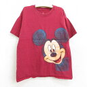 【中古】古着 ヘインズ Hanes 半袖Tシャツ キッズ ボーイズ 子供服 ディズニー DISNEY ミッキー MICKEY MOUSE 両面プリント コットン クルーネック 丸首 エンジ系 | 春夏 春物 春服 秋冬 秋物 秋服 女の子 子ども服 こども服 カジュアル ファッション おしゃれ かわい