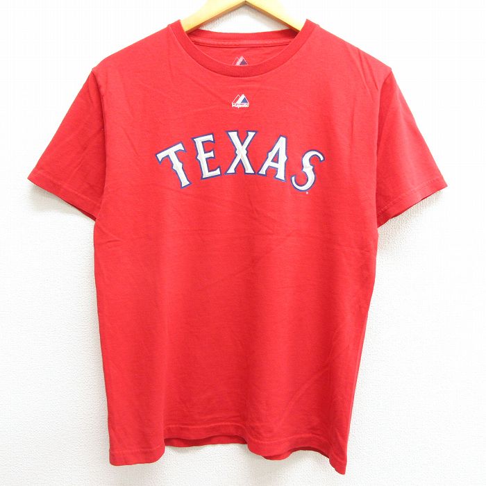 【中古】古着 マジェスティック 半袖Tシャツ キッズ ボーイズ 子供服 MLB テキサスレンジャーズ コットン クルーネック 丸首 赤 レッド..