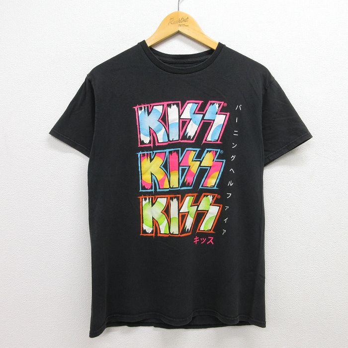 【中古】古着 半袖 ロックTシャツ バンドTシャツ メンズ キッス KISS バーニングヘルファイア コットン クルーネック 丸首 黒 ブラック Mサイズ 中古 | 春夏 夏物 夏服 メンズファッション カットソー ティーシャツ ティシャツ メンズTシャツ 半袖Tシャツ 半袖ティーシ