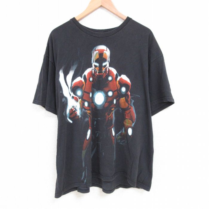 【中古】古着 半袖Tシャツ メンズ マーベル アイアンマン トニースターク 大きいサイズ 2L LL ビッグシルエット ゆったり ビッグサイズ オーバーサイズ コットン クルーネック 丸首 黒 ブラック XLサイズ 中古 中古メンズ半袖プリントキャラクター