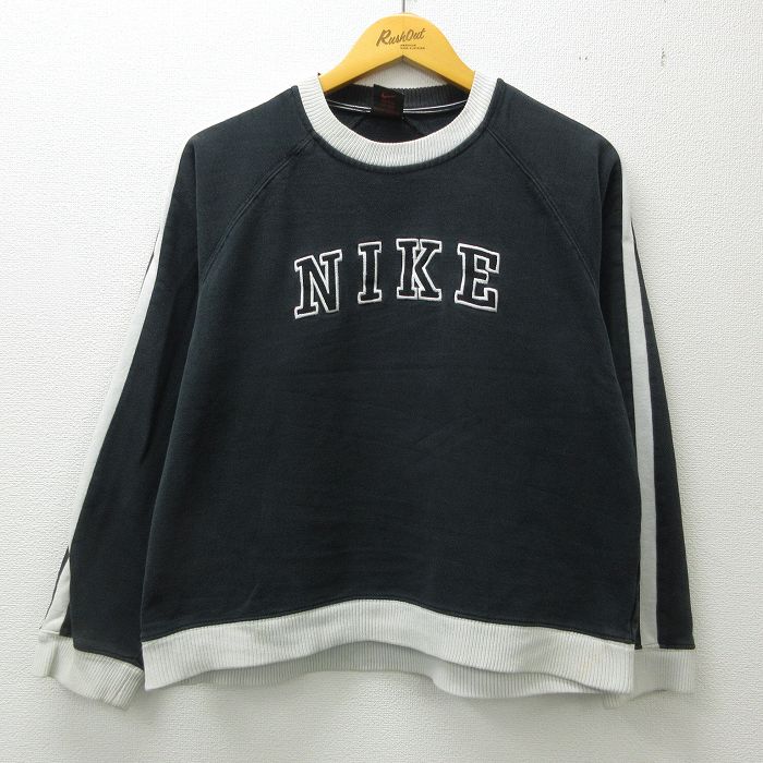 【中古】古着 ナイキ NIKE 長袖スウェット メンズ 90年代 90s ビッグロゴ 刺繍 ラグラン クルーネック 丸首 黒他 ブラック Mサイズ 中古 スエット トレーナー トップス | 春夏 春物 春服 秋冬 秋物 秋服 メンズファッション カジュアル おしゃれ ファッション