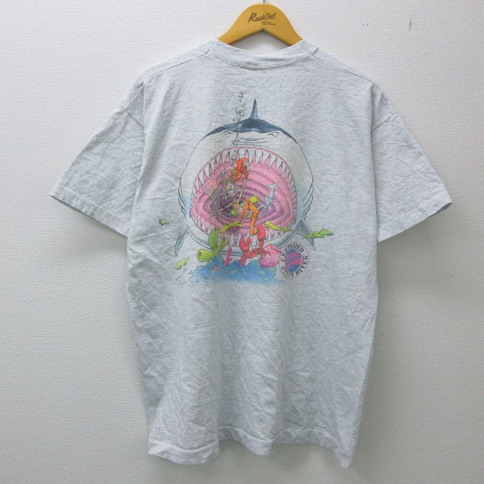 【中古】古着 半袖 ビンテージ ヴィンテージTシャツ メンズ 90年代 90s サメ 人 クルーネック 丸首 USA製 アメリカ製 薄グレー 霜降り XLサイズ 中古 | 春夏 夏物 夏服 ヴィンテージTシャツ メンズファッション カットソー ティーシャツ ティシャツ メンズTシャツ 半袖 0OF