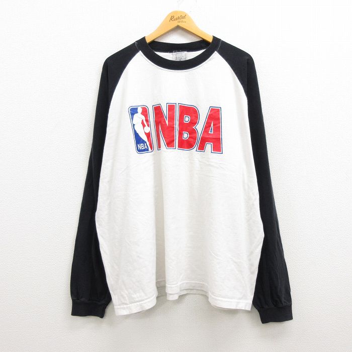 【中古】古着 長袖 ビンテージ ヴィンテージTシャツ メンズ 90年代 90s NBA ビッグロゴ 大きいサイズ 2L LL ビッグシルエット ゆったり ビッグサイズ オーバーサイズ ラグラン ツートンカラー バイカラー コットン クルーネック 丸首 USA製 アメリカ製 白他 ホワイト X