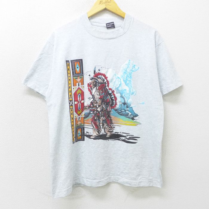 【中古】古着 半袖 ビンテージ ヴィンテージTシャツ メンズ 90年代 90s インディアン クマ クルーネック 丸首 USA製 アメリカ製 薄グレー 霜降り 【spe】 Lサイズ 中古 | 春夏 夏物 夏服 ヴィンテージTシャツ メンズファッション カットソー ティーシャツ ティシャツ 0OF