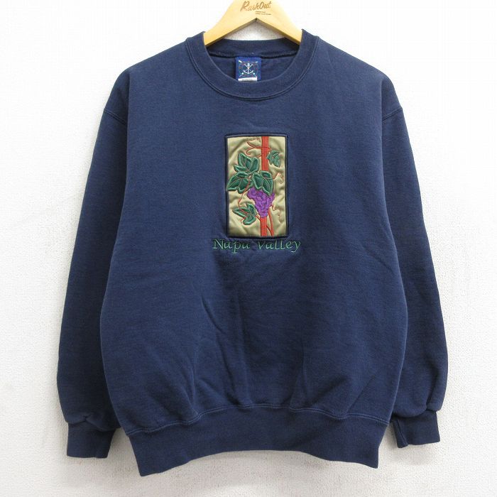 【中古】古着 長袖スウェット メンズ 90年代 90s ぶどう ナパ 刺繍 クルーネック 丸首 USA製 アメリカ製 紺 ネイビー Mサイズ 中古 スエット トレーナー トップス | 春夏 春物 春服 秋冬 秋物 秋服 メンズファッション カジュアル おしゃれ ファッション