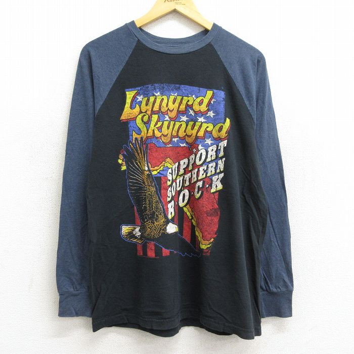 【中古】古着 長袖 ロックTシャツ バンドTシャツ メンズ レーナードスキナード レイナードスキナード ラグラン ツートンカラー バイカラー コットン クルーネック 丸首 黒他 ブラック Lサイズ 中古 | 春夏 春物 春服 秋冬 秋物 秋服 メンズファッション ロンT カットソ