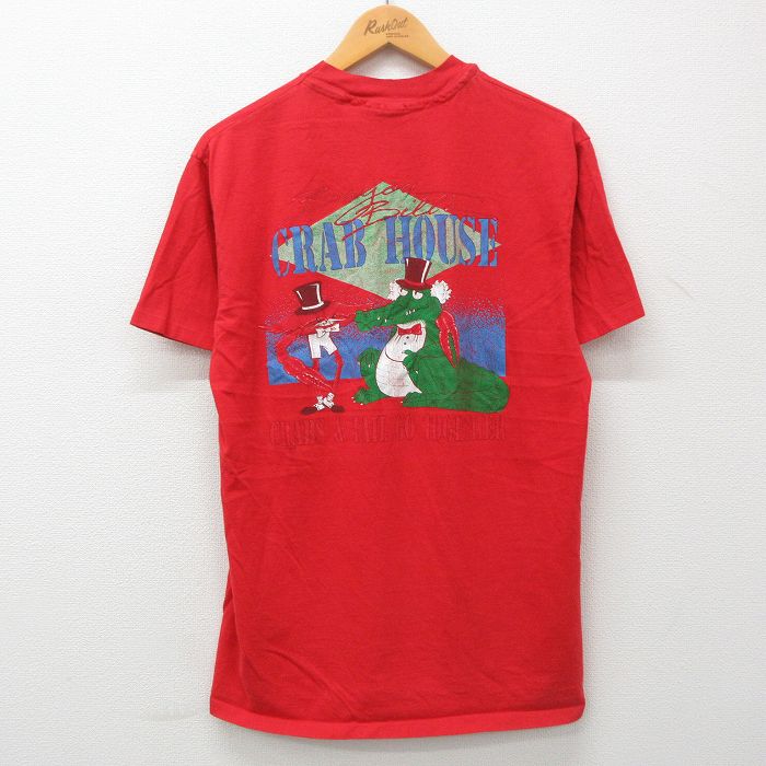 【中古】古着 ヘインズ Hanes 半袖 ビンテージ ヴィンテージTシャツ メンズ 90年代 90s CRABHOUSE ワニ カニ コットン クルーネック 丸首 USA製 アメリカ製 赤 レッド Lサイズ 中古 | 春夏 夏…